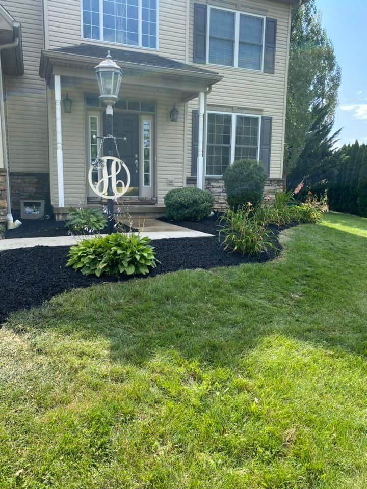 Front entry landscape bed with mulch and plants